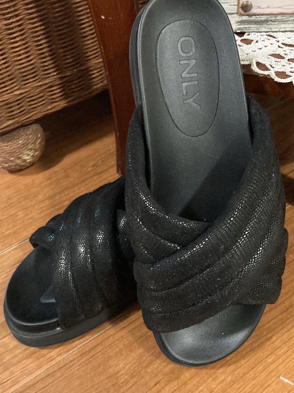Only Black Crisscross Slide Mules with Textured Straps